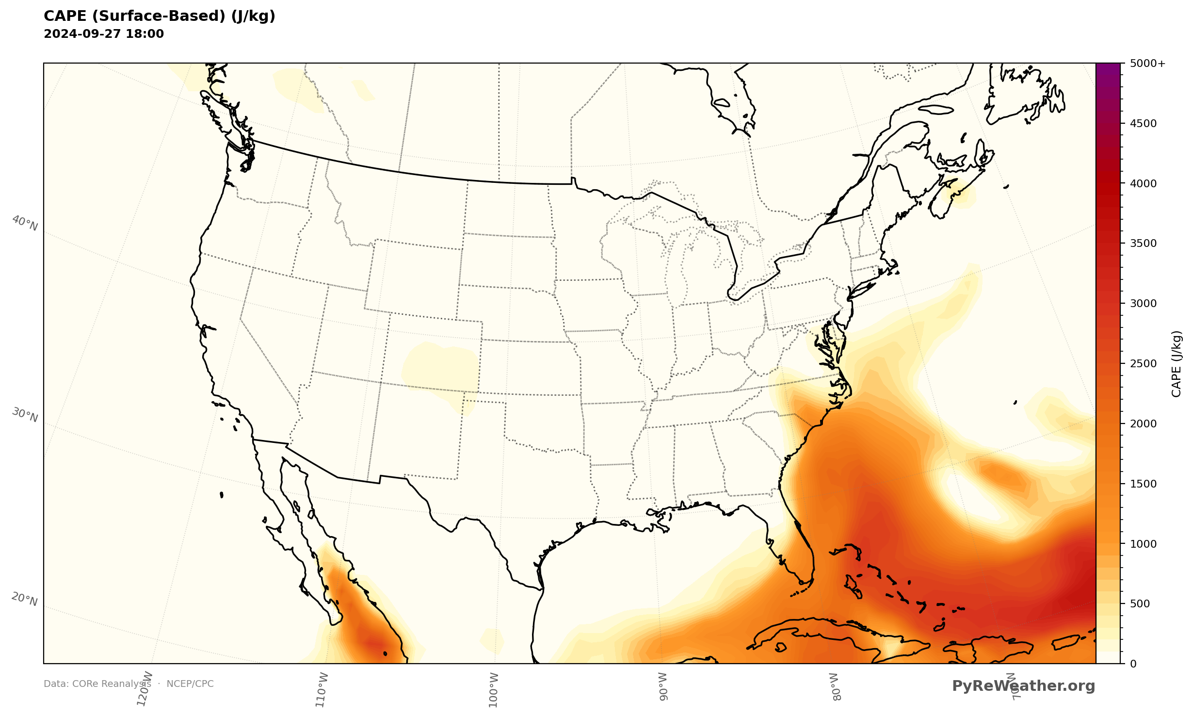 Instability pooled over the southern Mid-Atlantic where severe storms fired.