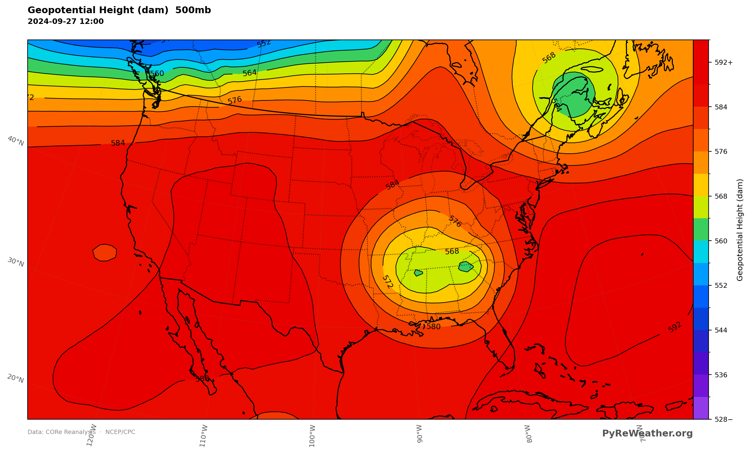 A ridge over the Southwest and Helene's cutoff low dominated the height field.
