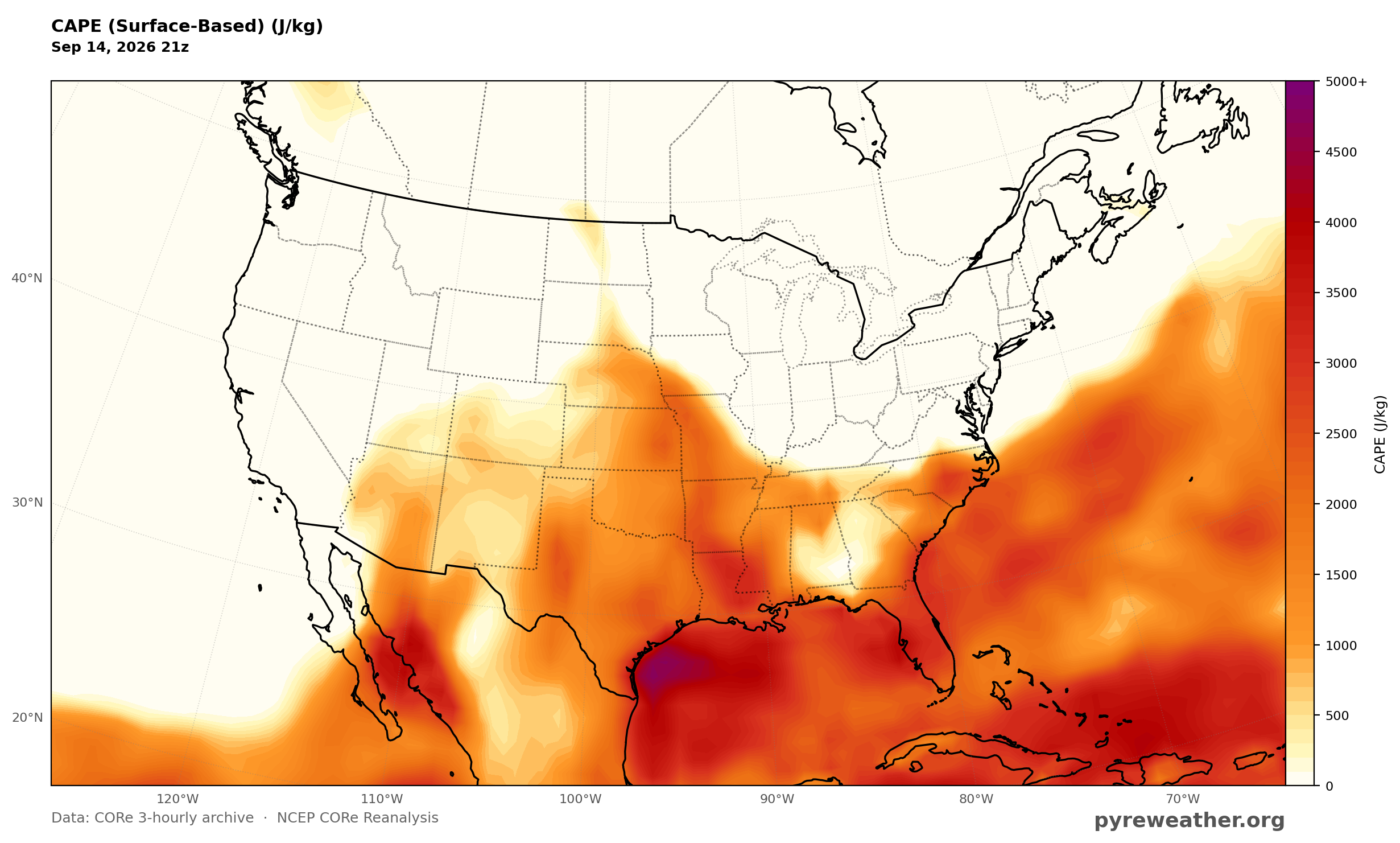 Surface CAPE, 9/14/2026 21Z. Surface CAPE shows the moist, unstable environment over the Central Plains supporting afternoon thunderstorm development.