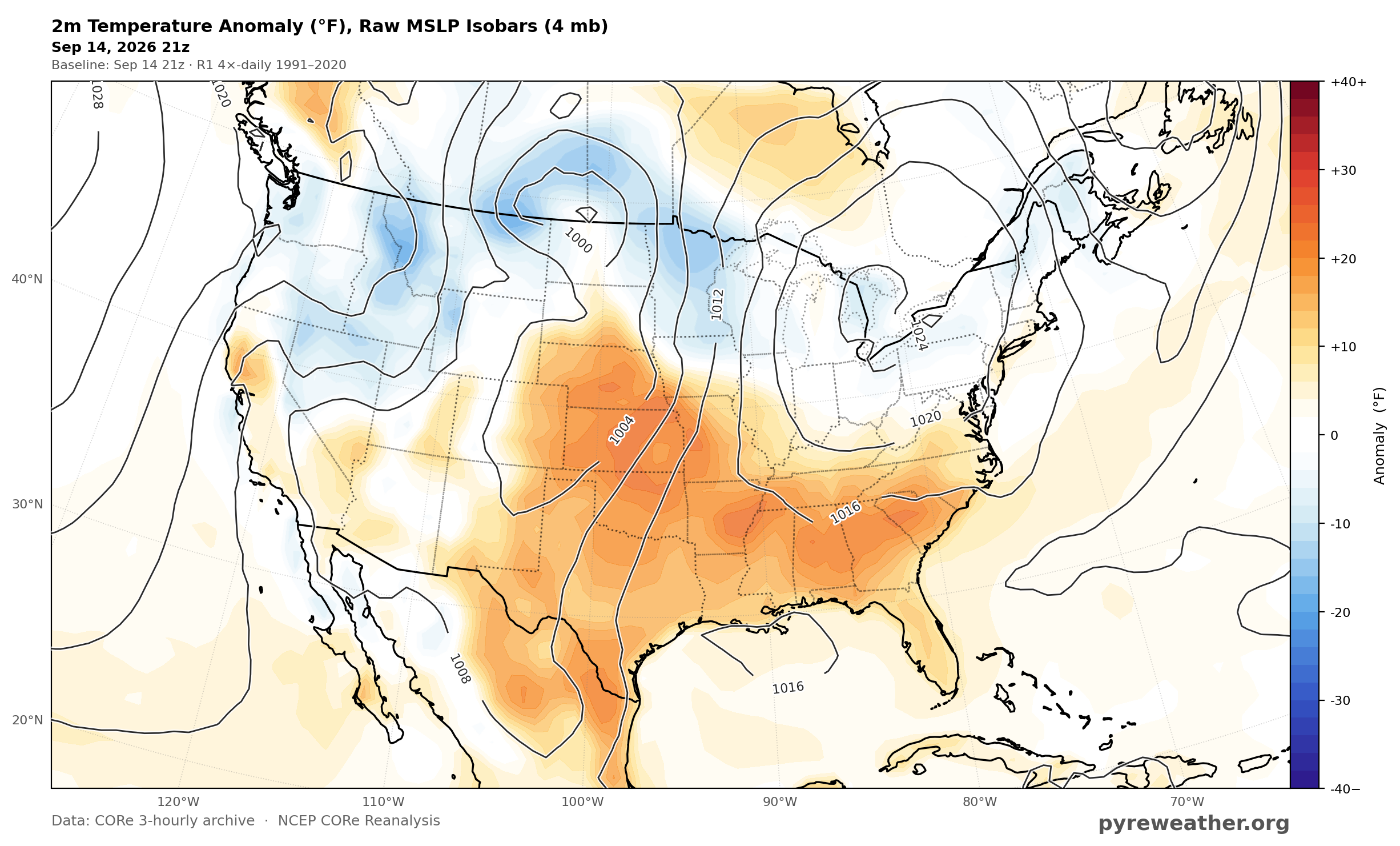 2m Temperature Anomaly, 9/14/2026 21Z. Surface temperature anomaly highlights the dangerously hot airmass under the upper ridge across the Mid and Lower Mississippi Valley.