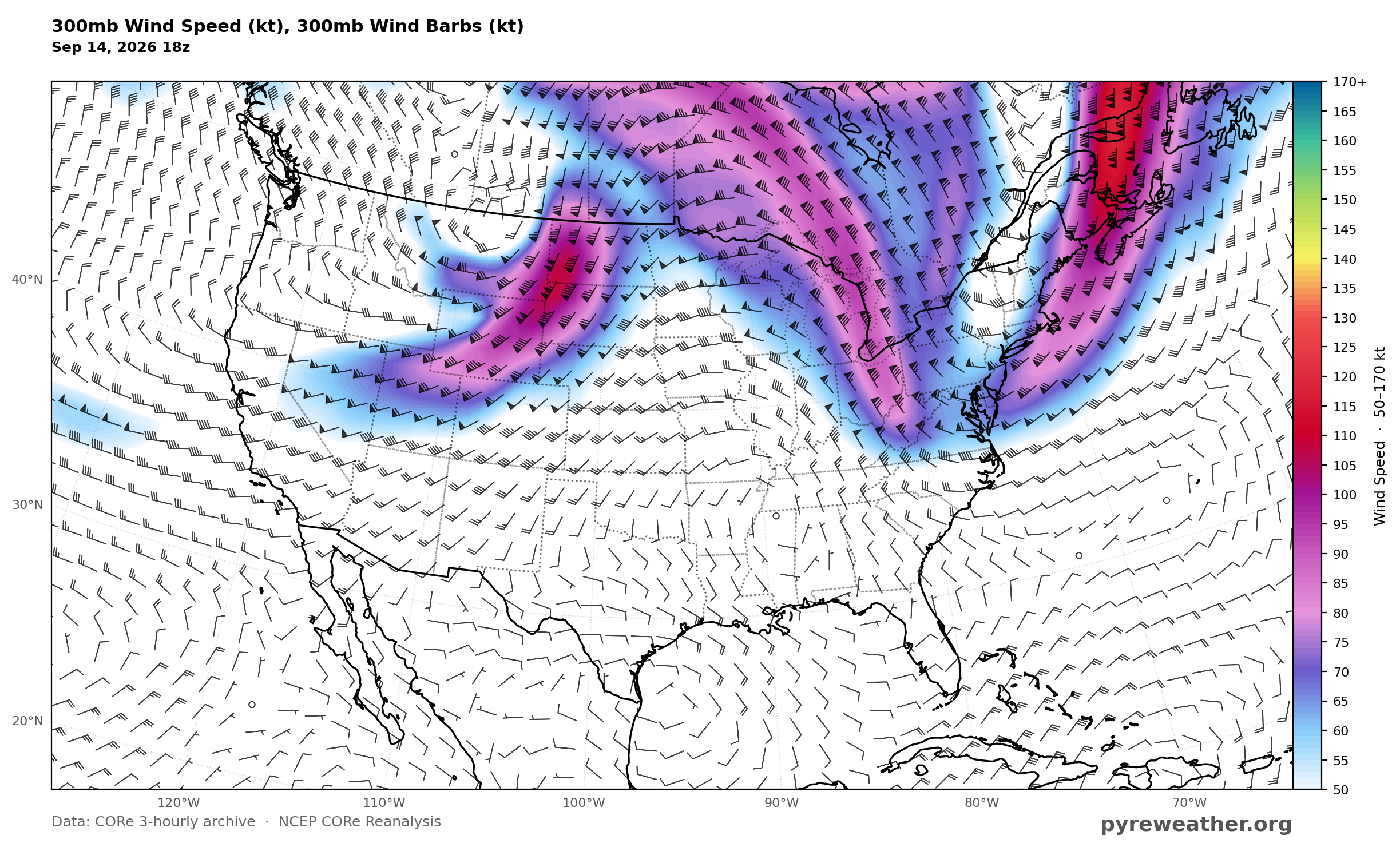 300mb Wind Speed, 9/14/2026 18Z. 300mb winds mark the upper flow steering the deep system and strengthening southerly flow ahead of it.