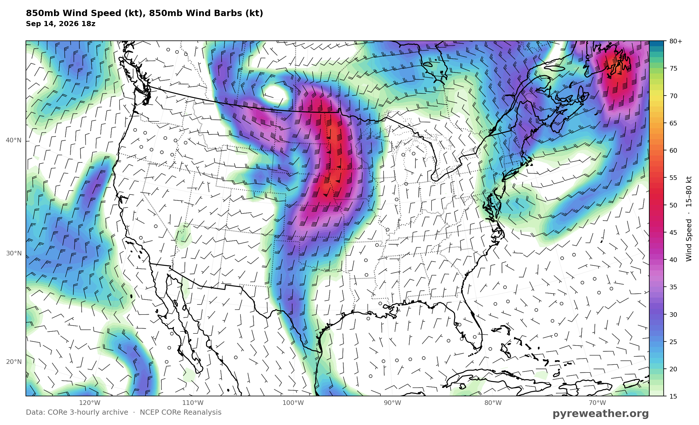 850mb Wind Speed, 9/14/2026 18Z. 850mb winds show the strengthening southerly inflow drawing a very moist airmass northward into the Heartland.