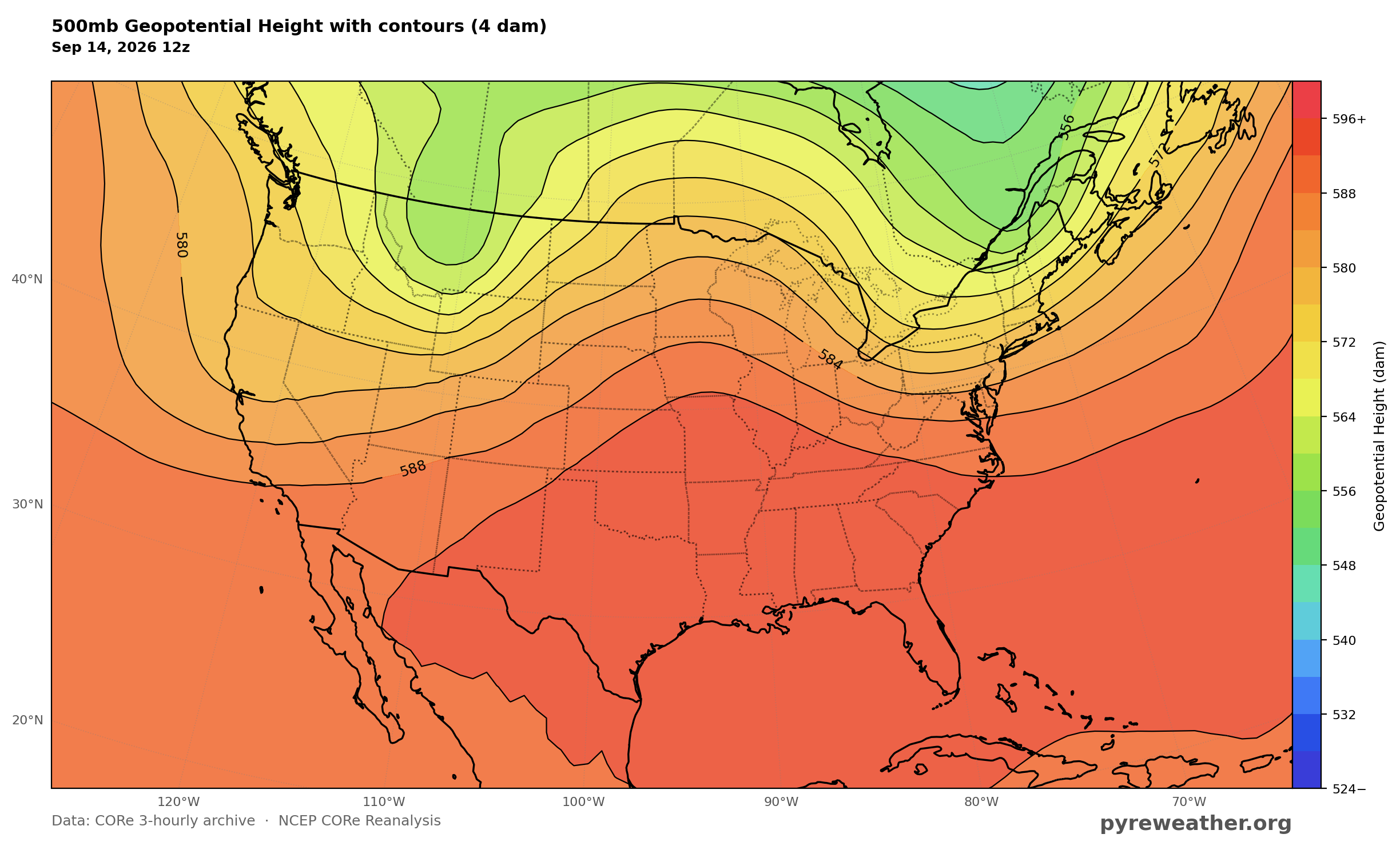 500mb Geopotential Height, 9/14/2026 12Z. 500mb heights show the upper ridge over the Mid and Lower Mississippi Valley and the deep system over the West that supports the strengthening frontal system.