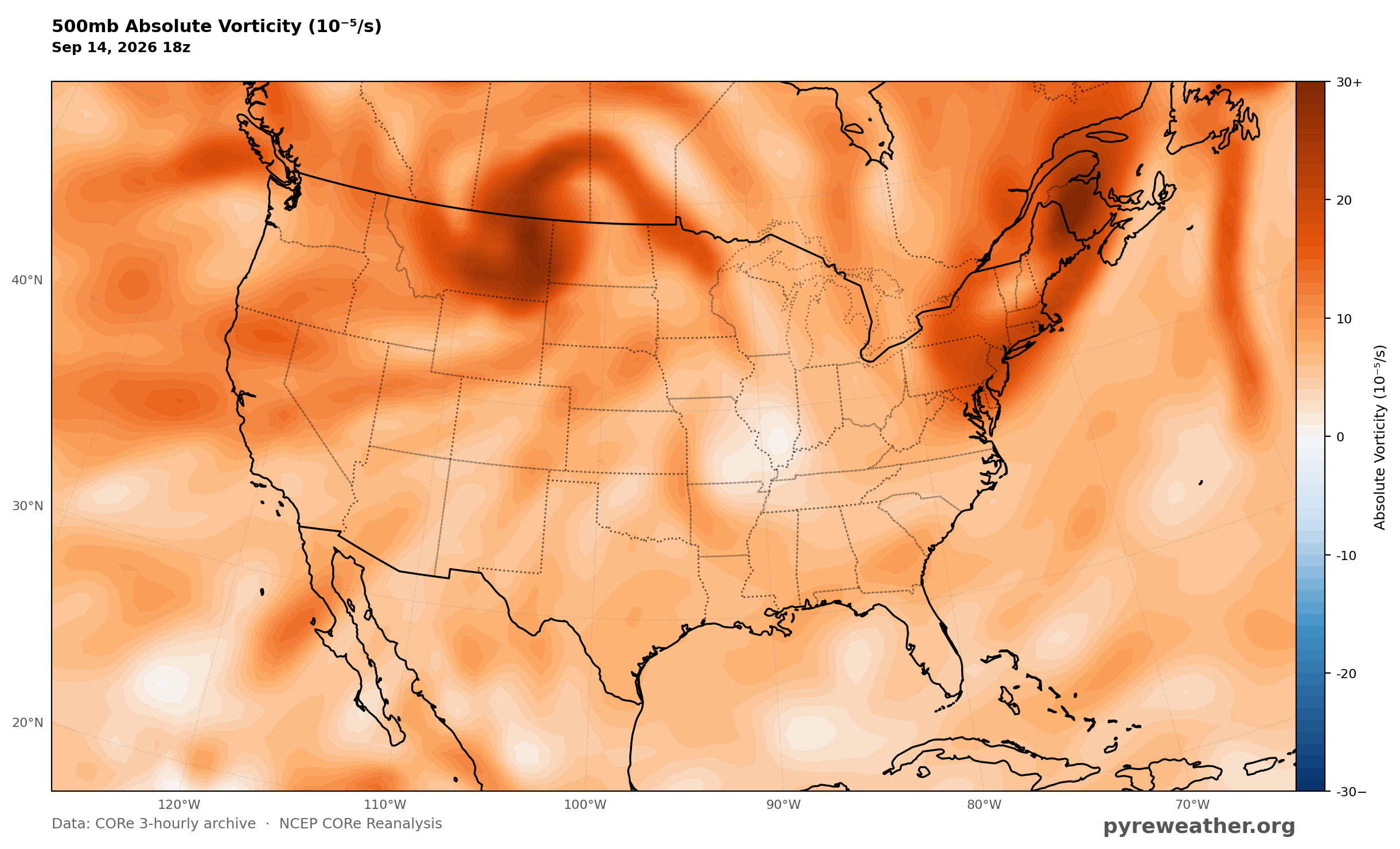 500mb Absolute Vorticity, 9/14/2026 18Z. 500mb vorticity highlights the disturbance associated with the frontal system lifting out of the Rockies.