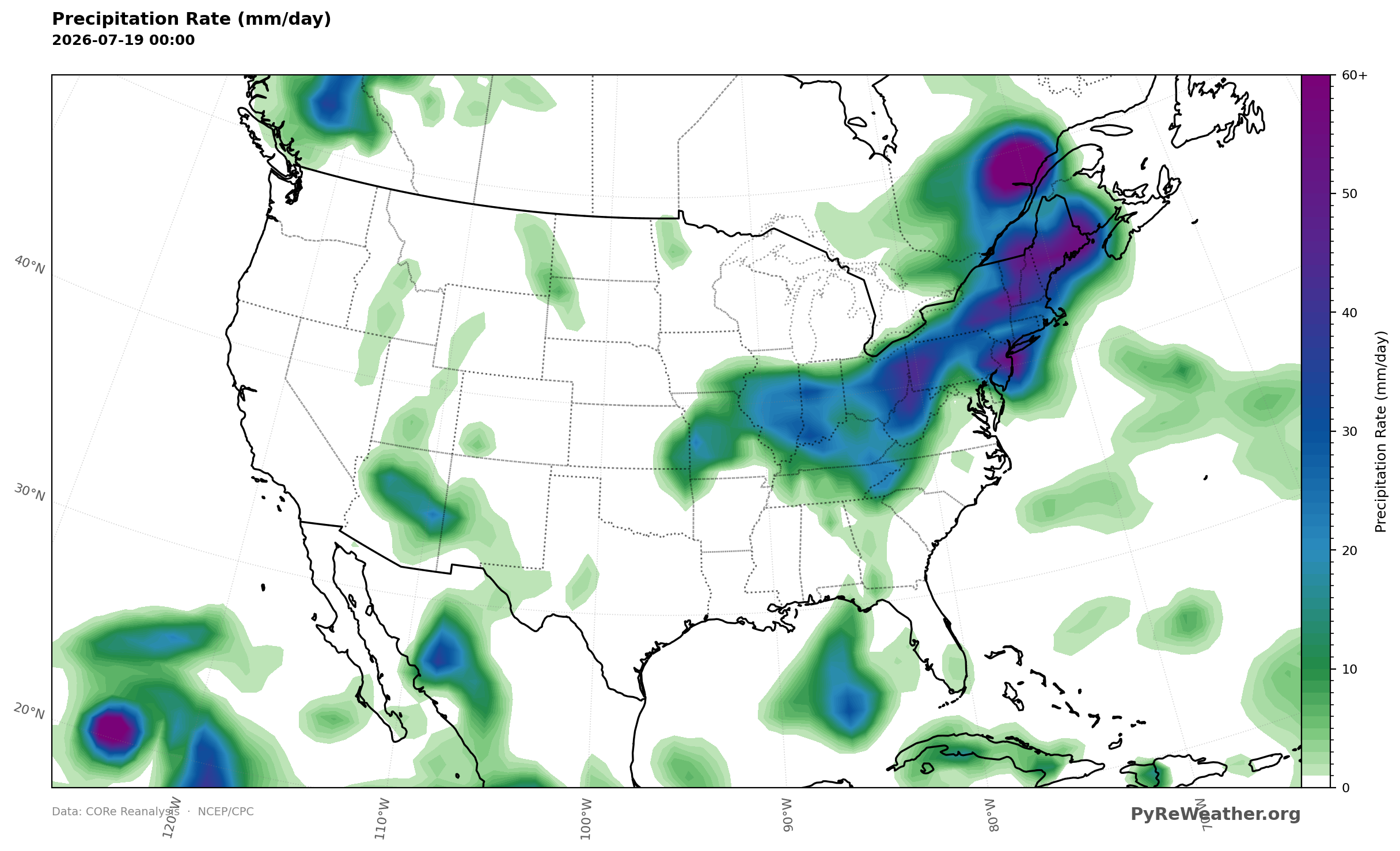Rain lined up from the Ohio Valley into the Northeast and clustered over the Four Corners and the eastern Gulf Coast.
