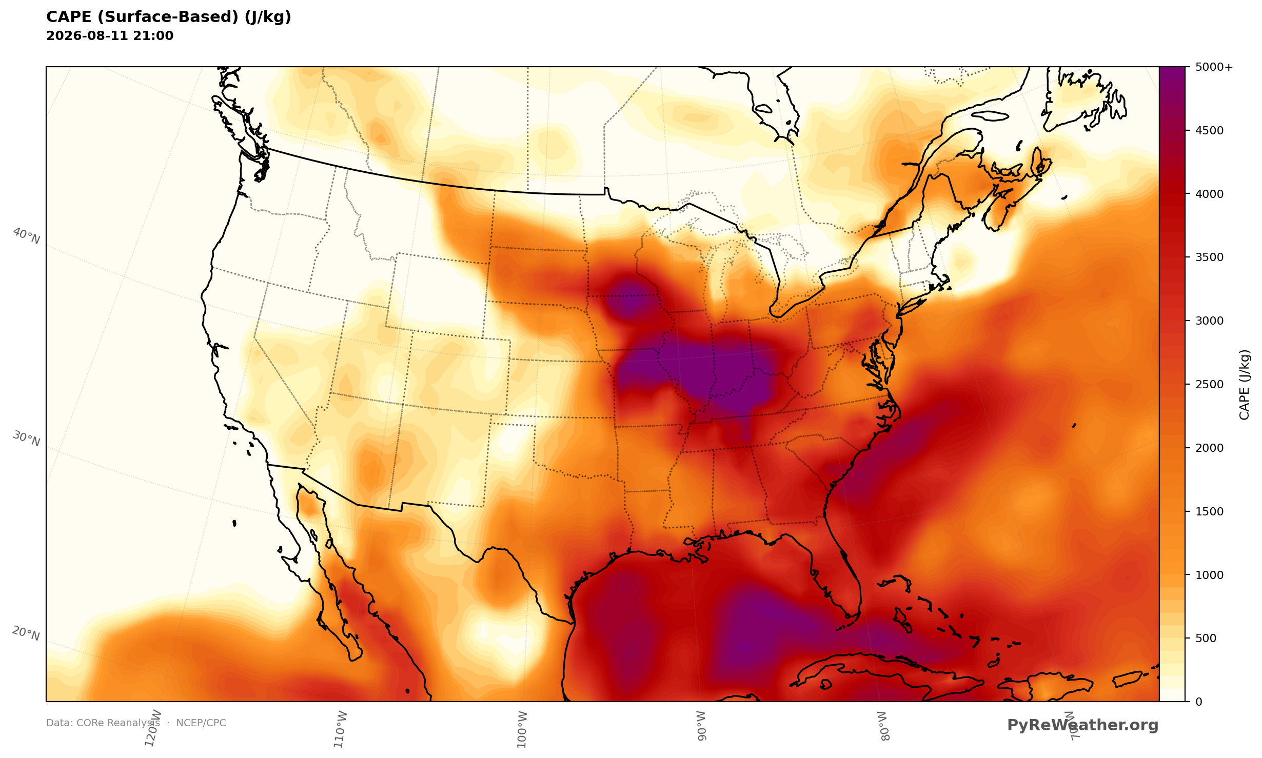 Surface CAPE over the continental United States at 21Z on August 11, 2026. Surface CAPE highlights the instability supporting severe thunderstorms across northern Illinois and the Ohio Valley today.