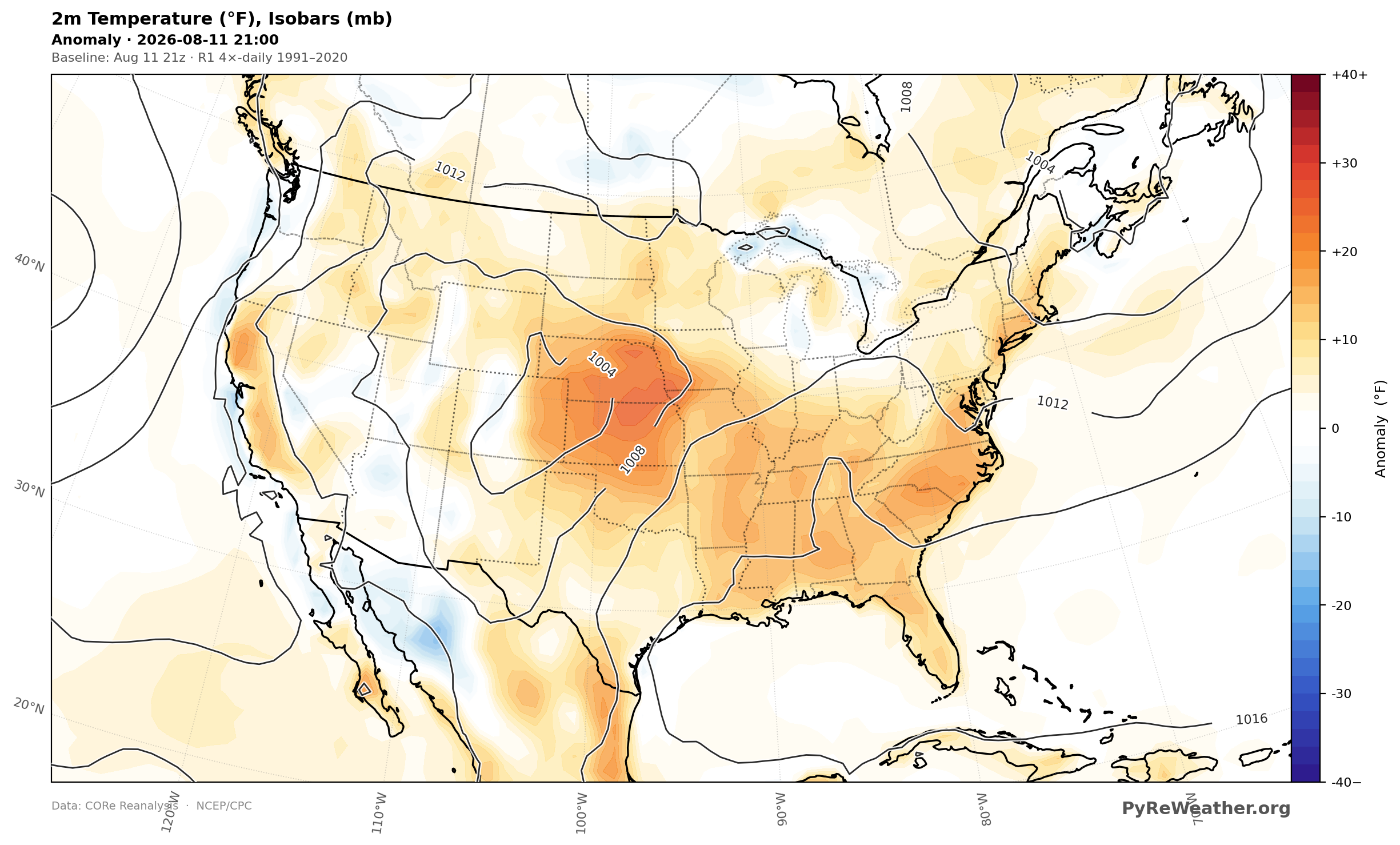 2m Temperature Anomaly over the continental United States at 21Z on August 11, 2026. Surface temperature anomalies show the persistent heat from the Central Plains to the Southeast, where readings stay in the upper 90s and triple digits.