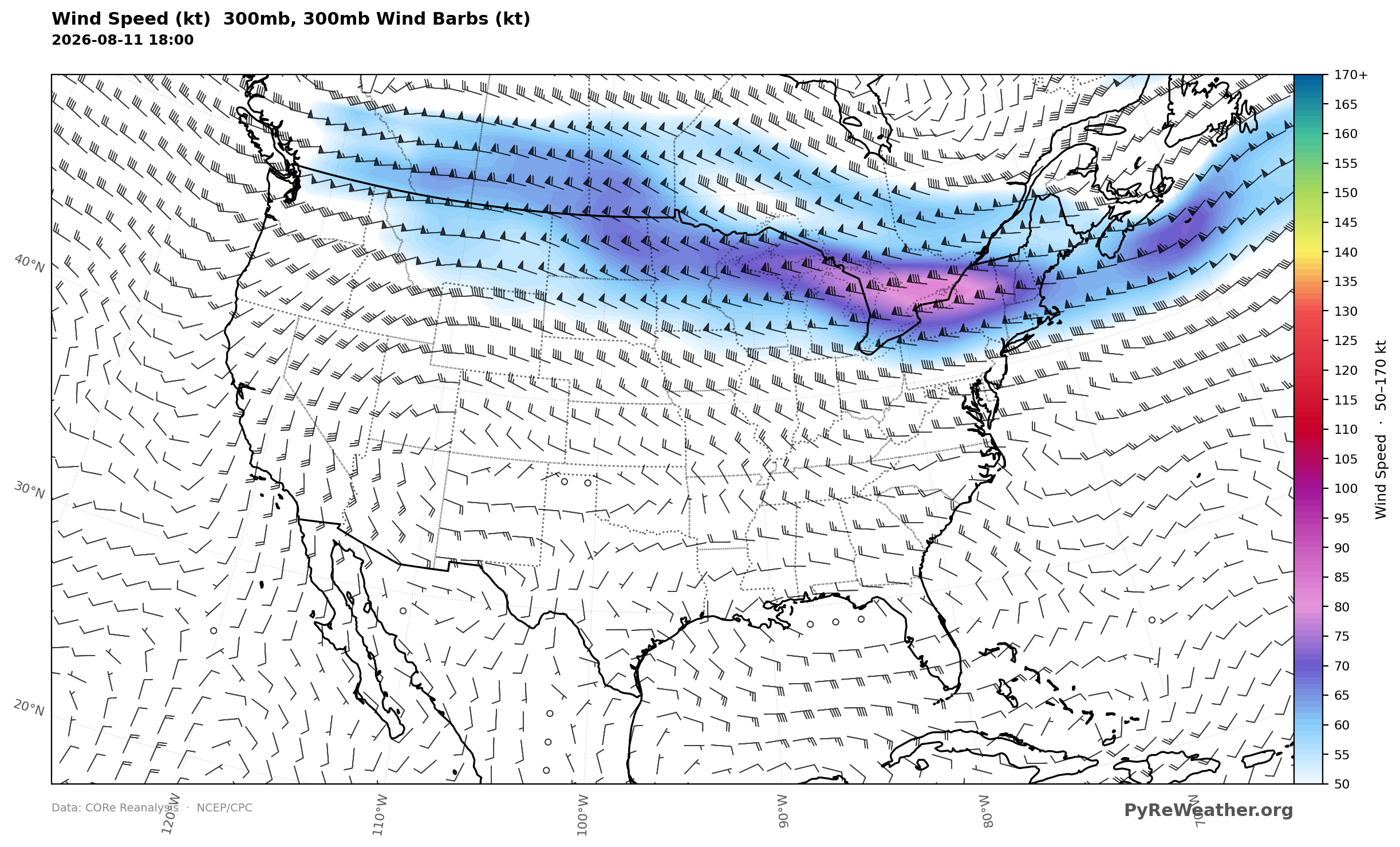 300mb Wind Speed over the continental United States at 18Z on August 11, 2026. 300mb winds outline the upper-flow pattern separating the eastern ridge from the approaching western trough over the next two days.