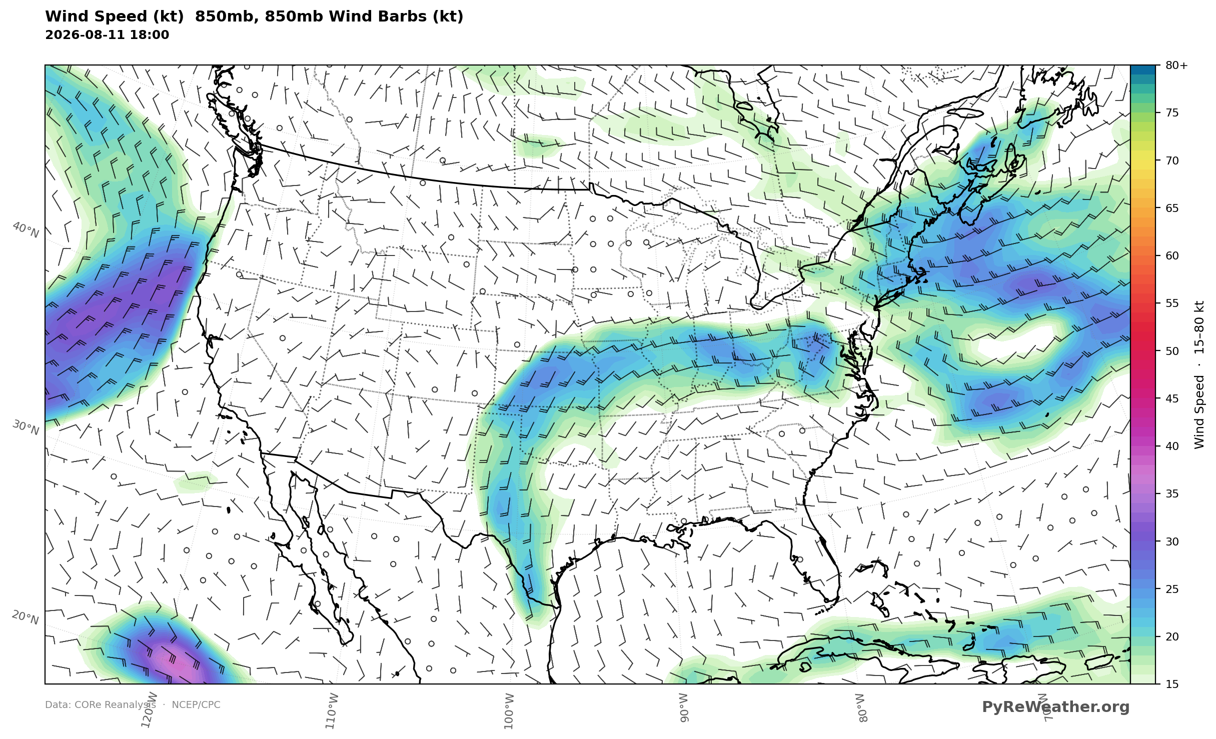 850mb Wind Speed over the continental United States at 18Z on August 11, 2026. 850mb winds depict the low-level flow near the frontal boundary meandering across the north-central U.S. that focuses thunderstorms over the Midwest, lower Great Lakes, and Ohio Valley.
