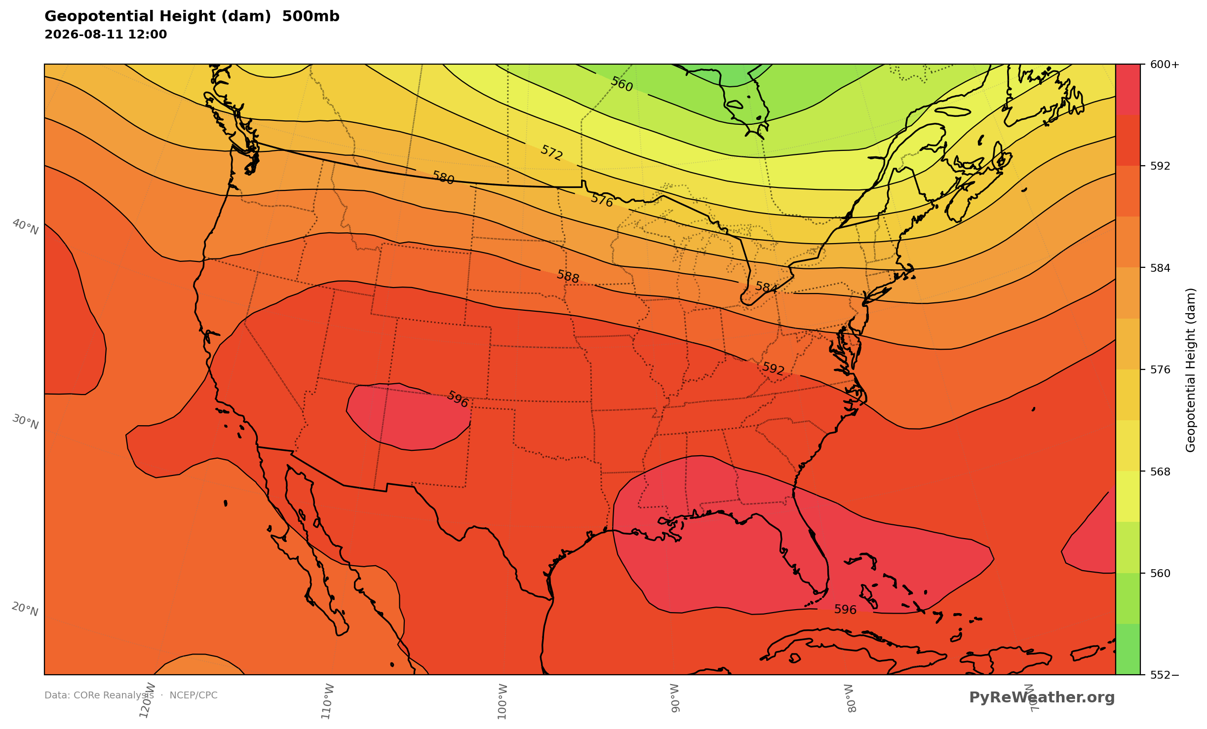 500mb Geopotential Height over the continental United States at 12Z on August 11, 2026. 500mb heights show the mid-level ridge centered near the Four Corners and forecast to migrate eastward toward the mid-Mississippi Valley, supporting continued heat across the Central Plains to the Southeast.