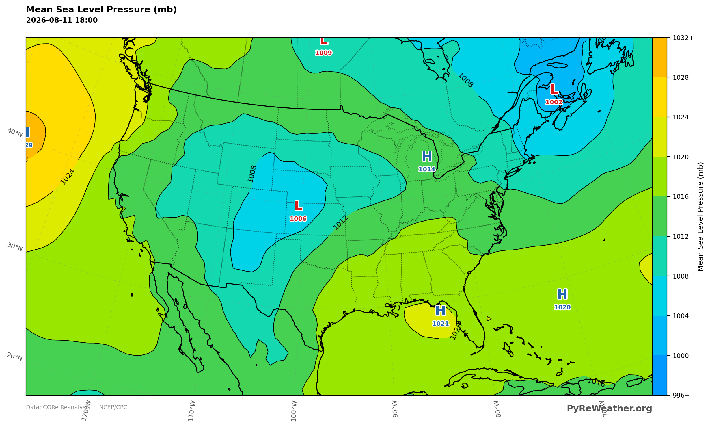 Surface Mslp Mean Sea Level Pressure over the continental United States at 18Z on August 11, 2026. MSLP places lower pressure over the Northeast and central High Plains and higher pressure near the Southeast, supporting return flow into the Plains.