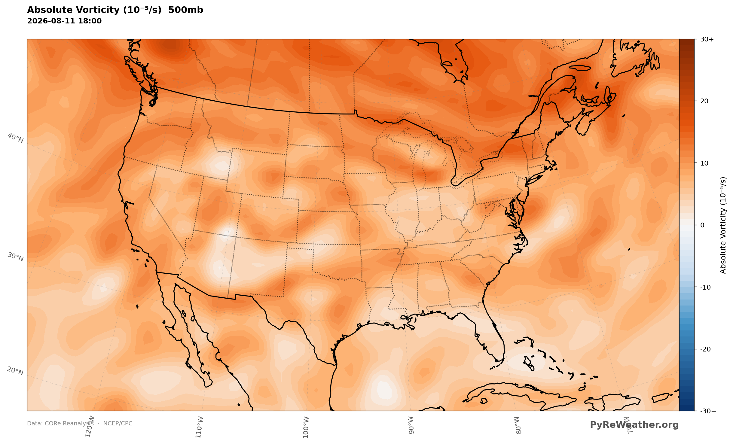 500mb Absolute Vorticity over the continental United States at 18Z on August 11, 2026. 500mb vorticity highlights the shortwave troughing overtaking the West Coast that helps drive the western cooling trend and increasing precipitation.