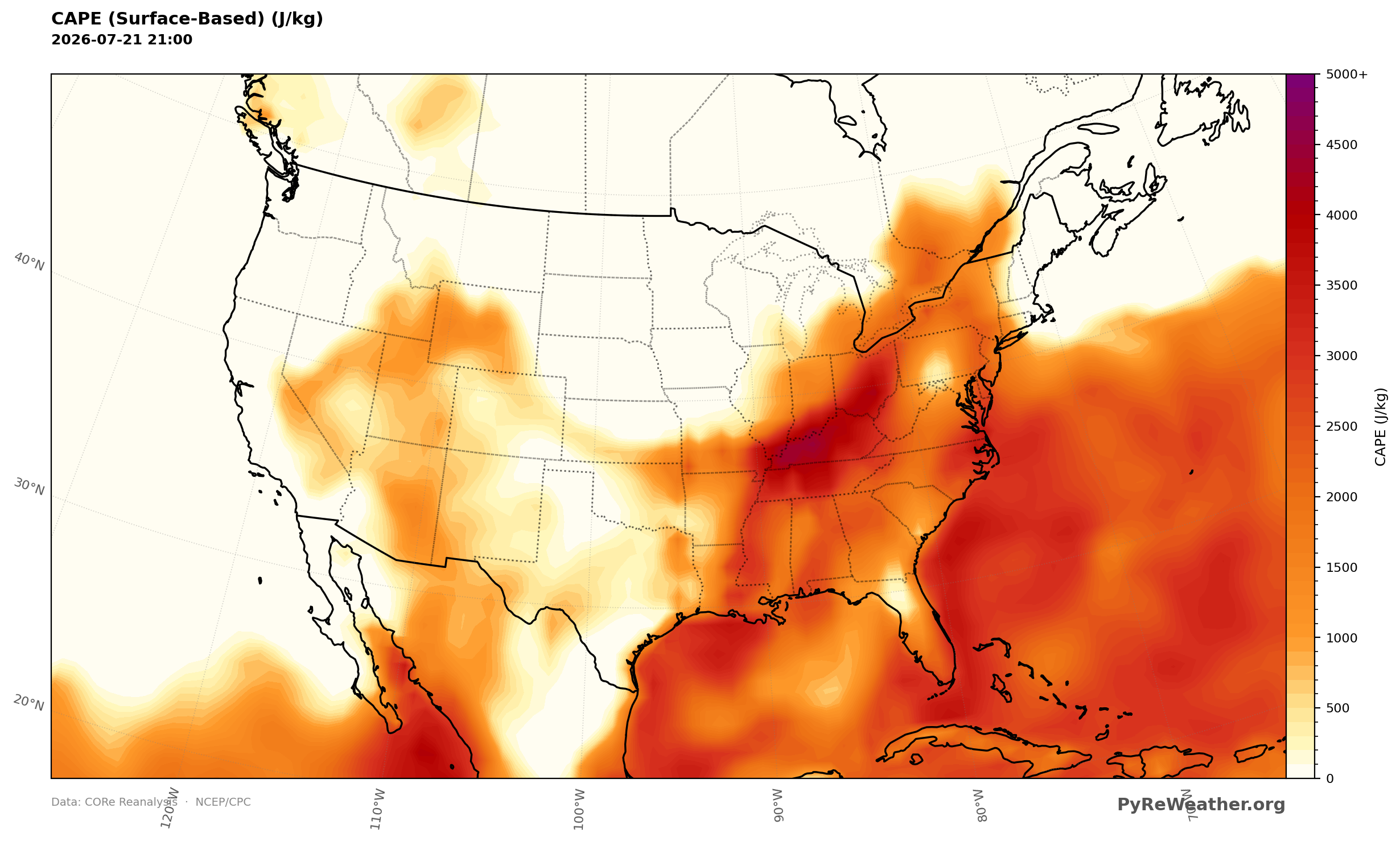 A ribbon of instability pooled ahead of the front from the Mid-South into the Northeast.