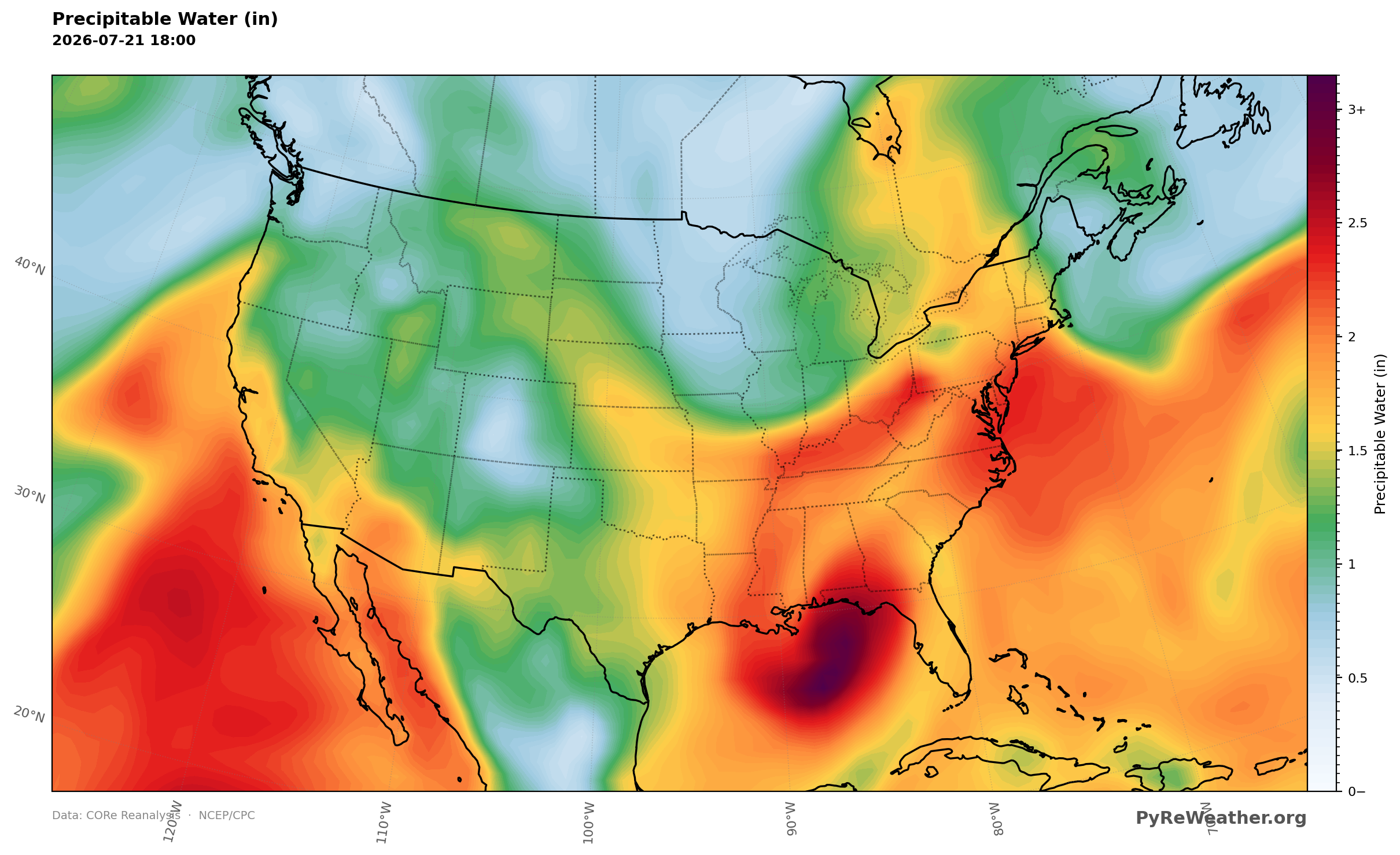 A deep plume of tropical moisture wrapped around Bertha near the northeast Gulf.